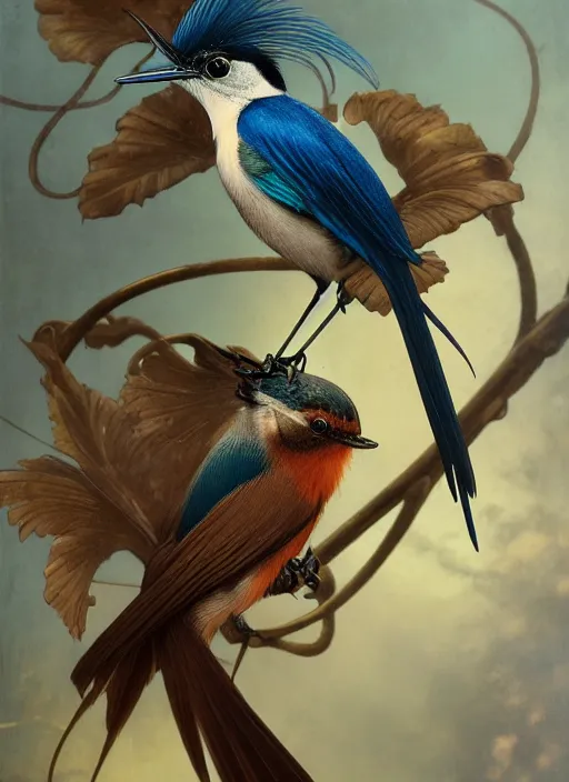 Image similar to hyper realistic paradise flycatcher, refined details, denoised, birds eye view, magical, gems, jewels, gold, steampunk, cyberpunk utopia, painted by tom bagshaw, mucha, gaston bussiere, craig mullins, j. c. leyendecker 8 k