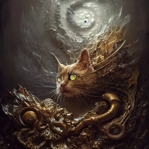 Image similar to a beautiful detailed 3d matte portrait of a alchemist cat, by ellen jewett, by tomasz alen kopera, by Justin Gerard, ominous, magical realism, texture, intricate, skull, skeleton, whirling smoke, alchemist bottles, radiant colors, fantasy, volumetric lighting, high details