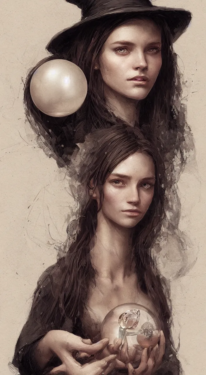 Image similar to portrait of a young witch with a crystal ball, true anatomy, detailed face, highly detailed, by greg rutkowski