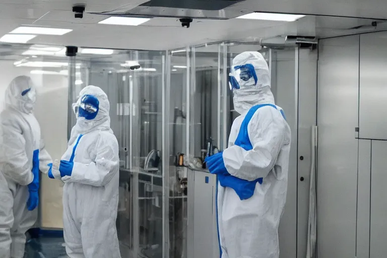 Prompt: man wearing hazmat suit in cleanroom examining alien. by Roger Deakins