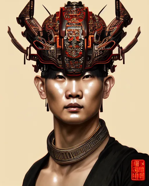 Image similar to portrait of a chinese masculine male cyberpunk machine, machine face, upper half portrait, decorated with chinese opera motifs, muscular, asian, fine china, wuxia, traditional chinese art intricate intense elegant 京 剧 highly detailed symmetry headpiece digital painting artstation concept art smooth sharp focus illustration, art by artgerm and greg rutkowski alphonse mucha 8 k