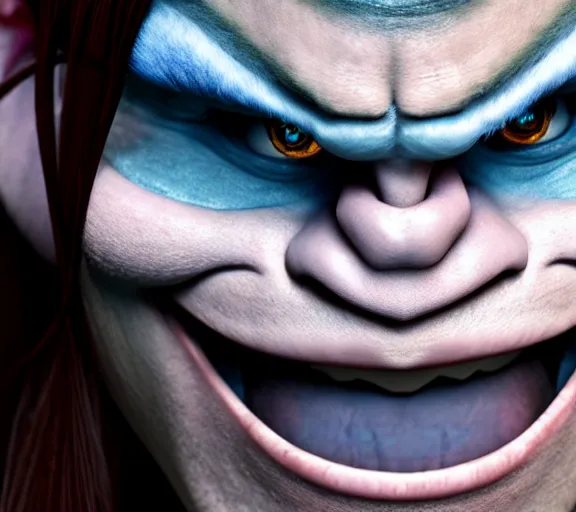 Prompt: photograph of Trollface cosplayer, 8k resolution, high detail, ULTRA REALISTIC VFX, reflections
