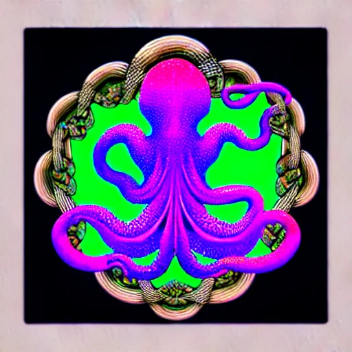 Image similar to a dramatic and beautiful digital matte painting of large iridescent octopus with legs made of fractal celtic knots, trending on cgartist, hi-fructose, mandala, string wall art, ultra detailed 8k