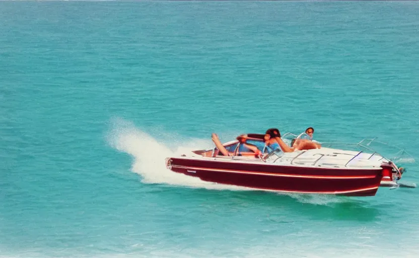 Prompt: photorealistic picture of a sport boat driving in turquoise water. miami. 8 0's style