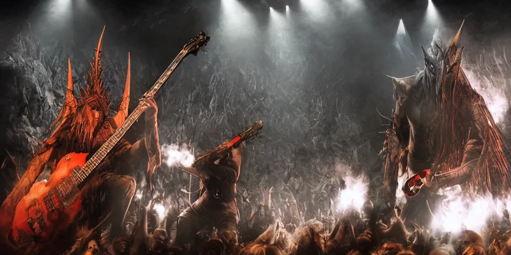 Prompt: sauron plays guitar in a rock concert to a crowd of orcs, lord of the rings, by peter jackson, detailed, realistic lighting, volumetric lighting, 4 k
