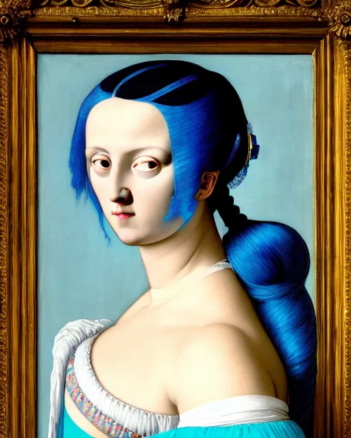 Image similar to portrait of a woman with a beauty mask and neon blue hair, wearing a white t-shirt, standing in front of the mirror in her room, intricate details, high detail, in a renaissance style, super-flat, in the style of Jean Auguste Dominique Ingres, James Jean, punk