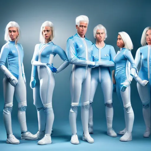 Image similar to troop of identical athletic humans with white hair wearing tight light blue latex suits, in formation, futuristic chemistry lab, sci - fi, highly detailed, hyperrealistic