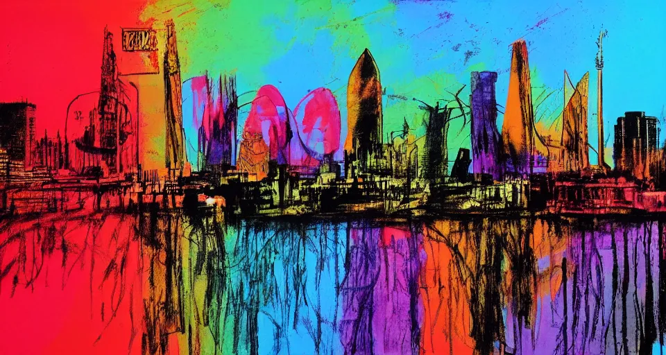 Image similar to color sketch of the london skyline, highly detailed, dramatic lighting, intense shadows, rich deep colours, by andy warhol