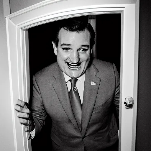 Image similar to Ted Cruz with a wide grin peaking through a door, black and white, creepy lighting, scary, horror, ornate, eerie, fear