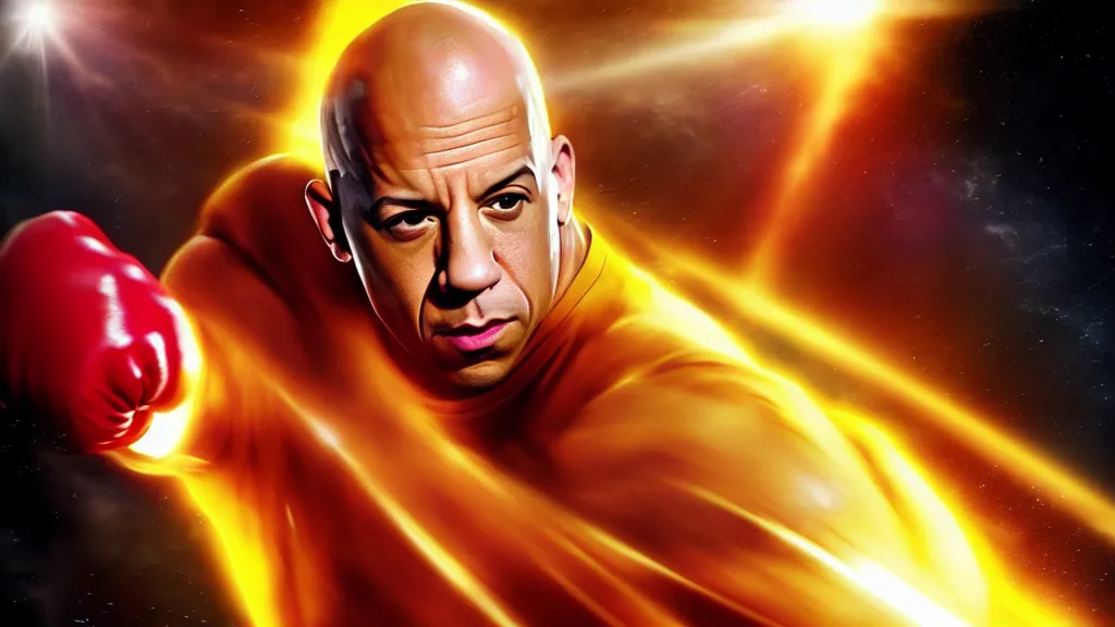 Prompt: extreme wide shot of vin diesel as saitama!!! punching!!! a car!!!!!! into space, ultra realistic, lens flare, atmosphere, glow, detailed, intricate, full of colour, cinematic lighting, trending on artstation, 4 k, hyperrealistic, focused, extreme details, unreal engine 5, cinematic, masterpiece