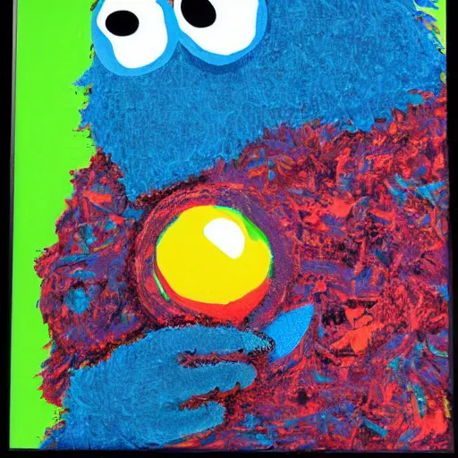 Prompt: abstract expressionist detailed matte illustration of the Cookie Monster in the style of Kandinksy