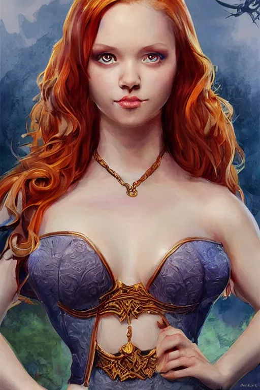 Prompt: frontal standing pose portrait of Sabrina the Teenager Witch, very beautiful young woman, ginger straight hair, Victorian-era push-up underwire. Intricate, concept art, magic mystique imagery themed, D&D!, fantasy style, sharp focus!, ultra detailed, art by Artgerm and Peter Andrew Jones, WLUP, Magali Villeneuve