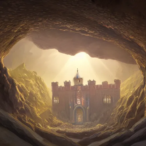 Prompt: The royal castle of a sacred family hidden at the bottom of a large sand cavern. A ray of light shines on the castle from above. Concept art, trending on artstation, matte painting, detailed, ultra high quality