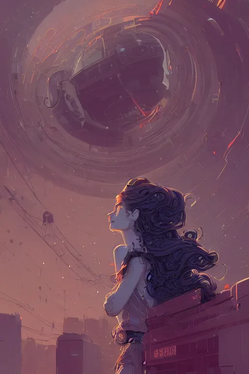 Image similar to highly detailed portrait of sci - fi long curly blue haired lady, stray wiring by atey ghailan, james gilleard, by joe fenton, by greg rutkowski, by greg tocchini, by kaethe butcher, 4 k resolution, gradient red, orange, black and white color scheme!!! ( ( nebula dystopian city spiral background ) )