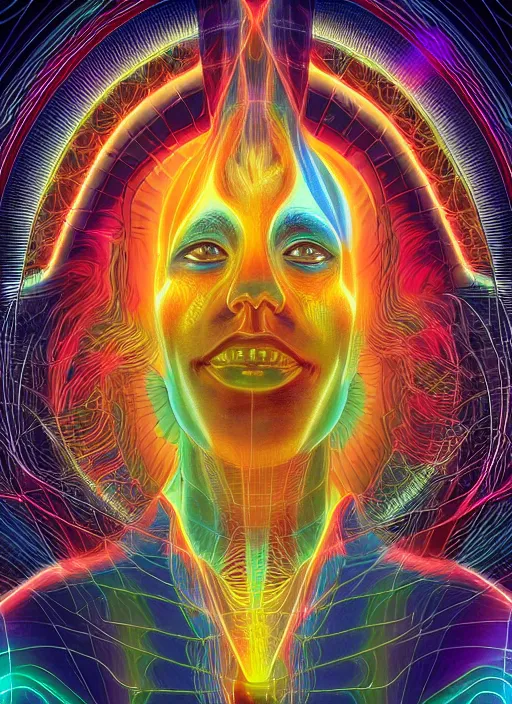 Image similar to humankind transcendence into collaborative intelligence, group intelligence, ai, by alex grey, album cover, award winning, beautiful, colorful, volumetric lighting, trending on artstation