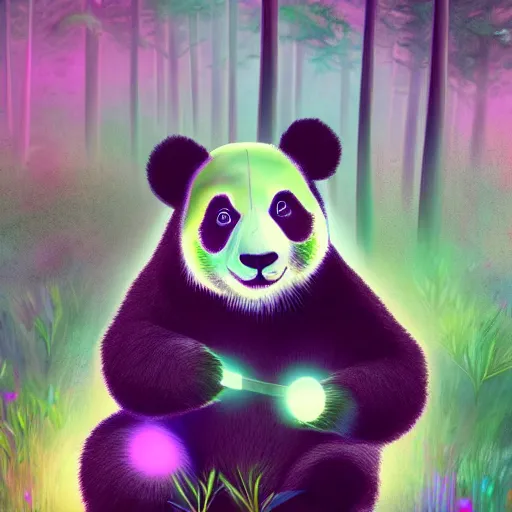 Image similar to a panda in the forest of bioluminescent mushroom ,realistic ,magical forest, 8k , digital art ,