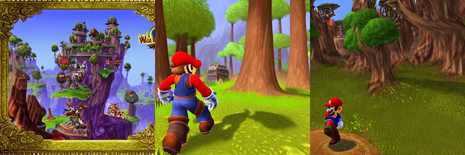 Prompt: Mario walking on the World of Warcraft Elwynn Forest