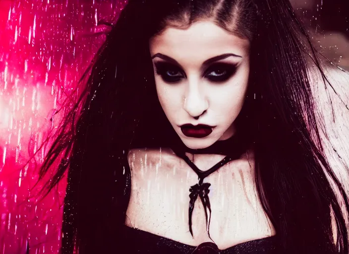 Image similar to closeup portrait of emo vampire goth ariana grande standing in the rain in a dark cyberpunk city, heavy make - up running down face, neon reflections in the puddles, portra 4 0 0 candid photograph portrait by annie leibovitz, 3 5 mm macro shot, f / 3 2, hyperrealistic, cinematic lighting, hd wallpaper, 8 k, 4 k