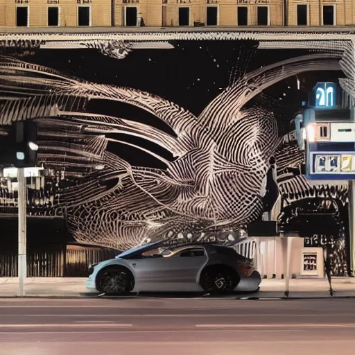 Image similar to sci-fi zaha hadid wall structure logotype and car on the coronation of napoleon and digital billboard in the middle in dark atmosphere in the style of Ruan Jia Sheng Lam