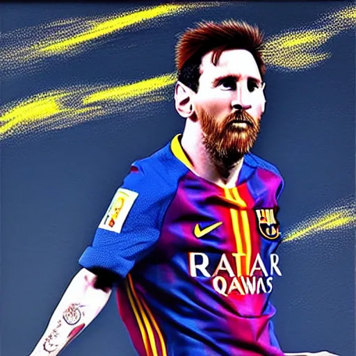 KREA - photograph of Lionel Messi going into super Saiyan