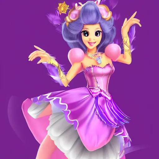 Prompt: The new Nintendo princess twin sister to princess peach wearing a royal purple dress of feathers and cotton who is a gorgeous loving supermodel feisty Latina with deep purple hair and a confident and flirty attitude Nintendo concept art. Cute, pretty, young woman's face with a smug smile. Full body shot detailed video game character art. She has a magical purple aura and enchanting powers.