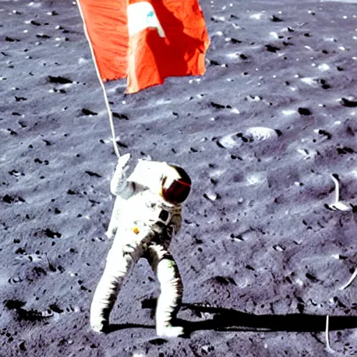 Prompt: ussr astronaut planting a flag on the moon