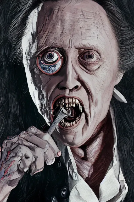 Image similar to christopher walken in sleepy hollow, full body, big two toned eyes, teeth gritted, horror, intricate details, cinematic, epic, realistic, anatomy, tomer hanuka, uplight, artstation, photorealistic, scary