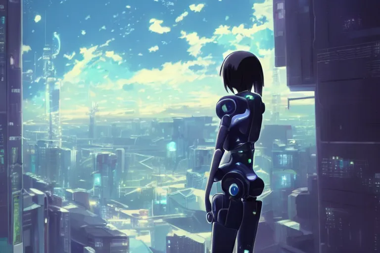 Prompt: makoto shinkai. robotic android girl. futuristic cyberpunk. dystopia. vibrant nebula sky. full robotic body.