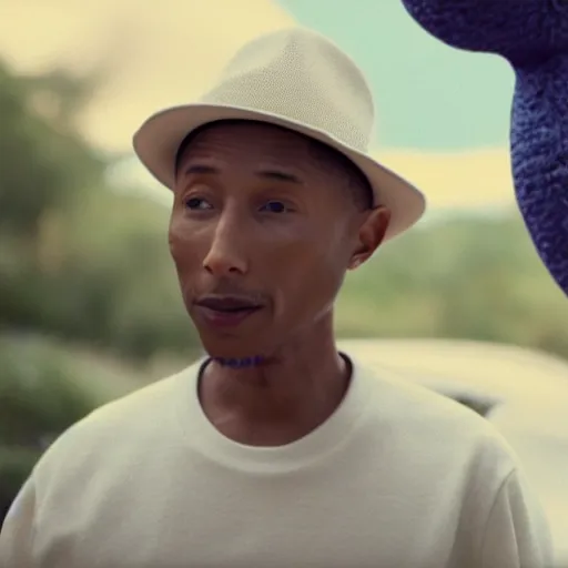 Image similar to cinematic film still of Pharrell Williams Making A Beat with an anthropomorphic alien, Japanese VFX, 2018, 400mm lens, f1.8, shallow depth of field,film photography