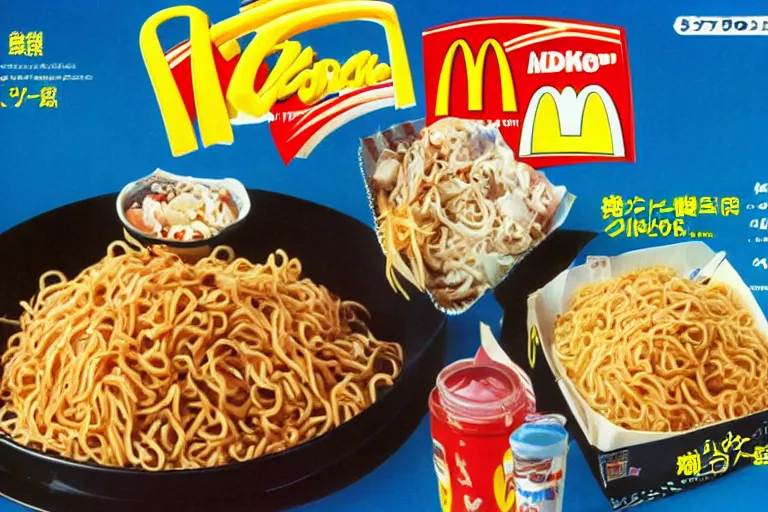 Image similar to mcdonald's yakisoba meal, in 1 9 9 5, y 2 k cybercore, advertisement photo