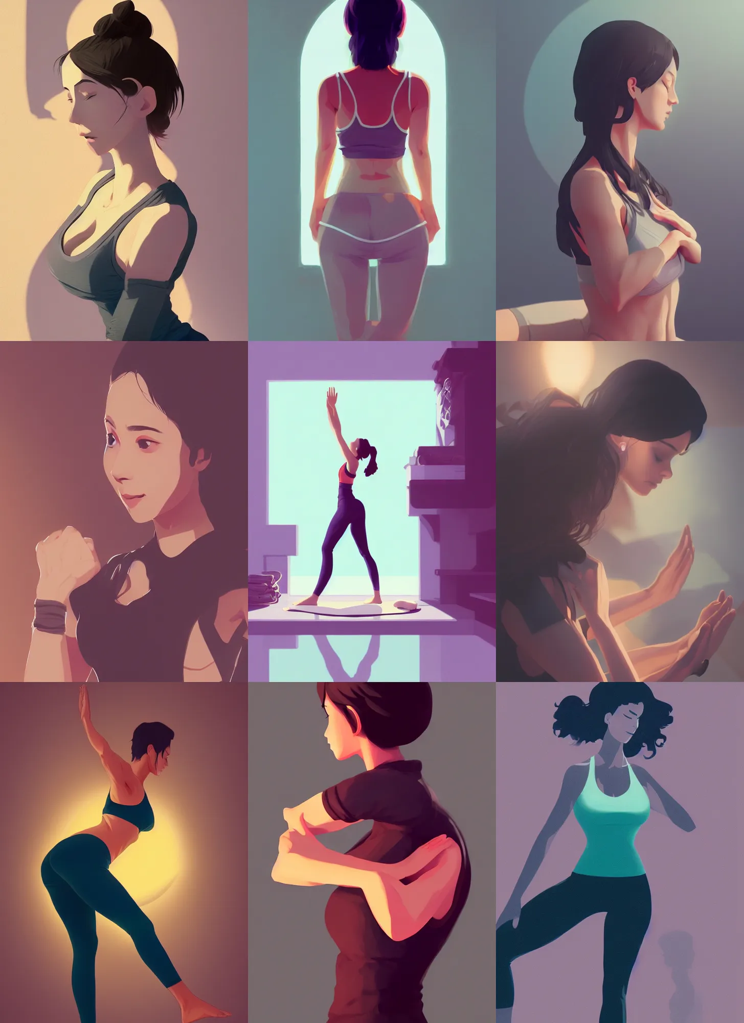 Prompt: very detailed photo of innocent yoga instructor, manga, beautiful, pretty face, curvaceous, 4 k, cinematic lighting, highly detailed, sharp focus, artstation, masterpiece, art by atey ghailan