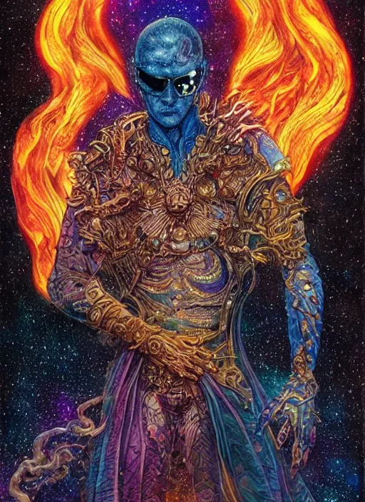 Image similar to high intricate colored ink drawing of the sandman holding a glimmering fire - galaxy, full shot, neil gaiman, maria panfilova, andrea savchenko, mike kime, ludovic plouffe, qi sheng luo, oliver cook, julian calle, eddie mendoza, trending on artstation