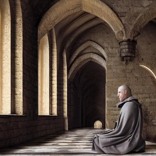 Prompt: medieval monk in monastry library, trending on artstation
