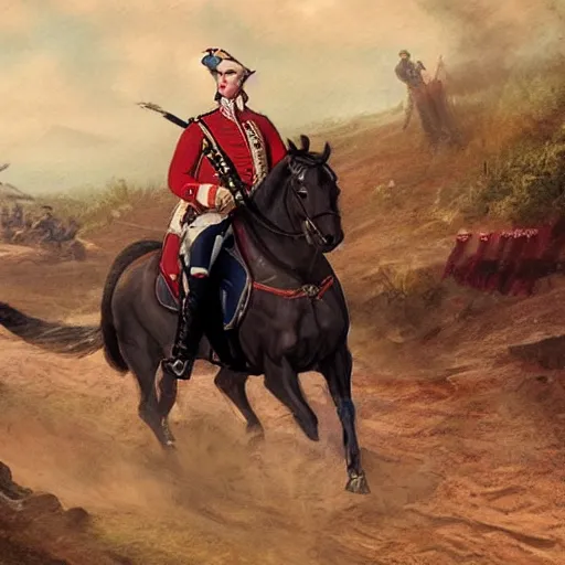 Image similar to George Washington rides a motorcycle to attack the British army in the revolutionary war, epic, cinematic, concept Art, detailed, 4K