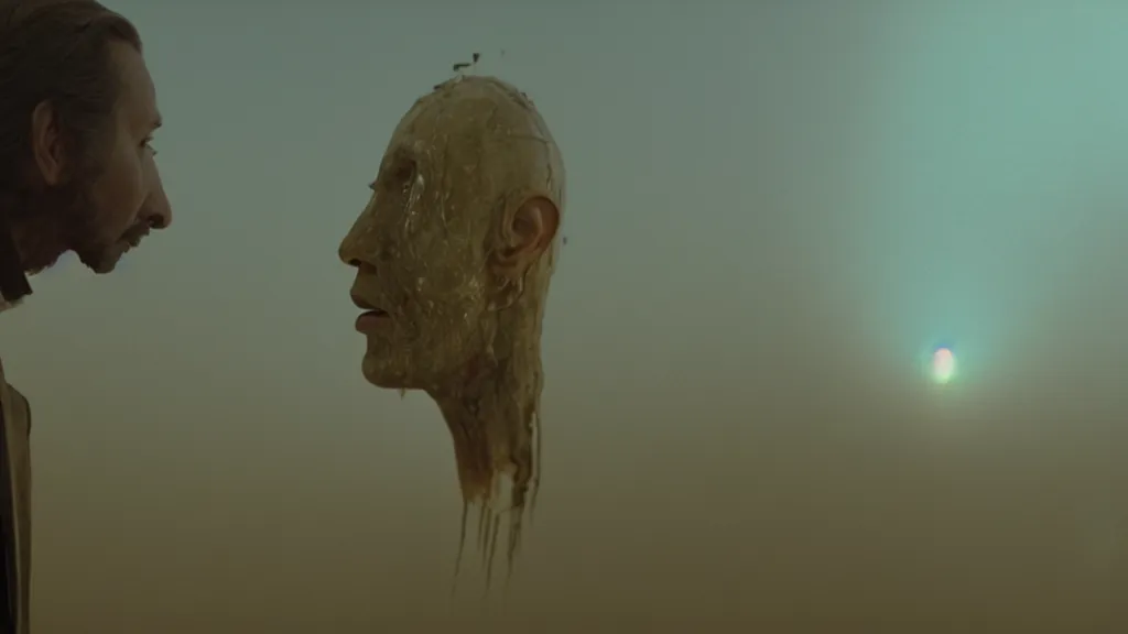 Prompt: the strange creature at the office that listens to my thoughts, made of oil and water, film still from the movie directed by Denis Villeneuve with art direction by Salvador Dalí, golden hour