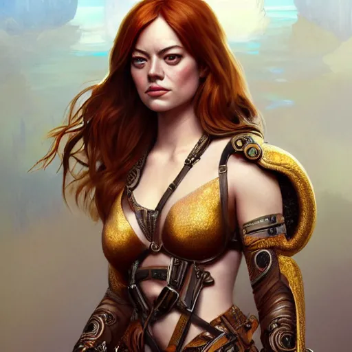 Prompt: fullbody portrait of emma stone, muscular, upper body,big chest, amazon warrior, fantasy, intricate, elegant, highly detailed, digital painting, artstation, concept art, matte, sharp focus, illustration, art by Artgerm and Greg Rutkowski and Alphonse Mucha