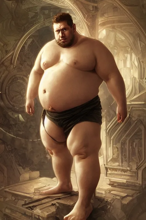 Prompt: portrait of chris redfield as a pathetically weak chubby man, forest, full body, obese, fantasy, intricate, elegant, highly detailed, digital painting, artstation, concept art, sharp focus, illustration, art by artgerm and greg rutkowski and alphonse mucha