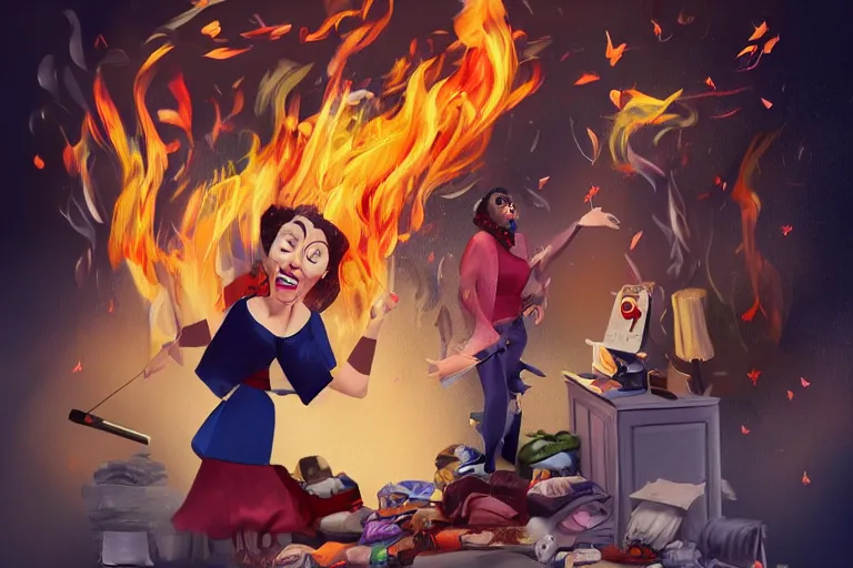 Image similar to a crazy opera singer hurries up to pack daughter's things in suitcase, surrounded with fire, clothes are flying around in room, digital art, trending on artstation