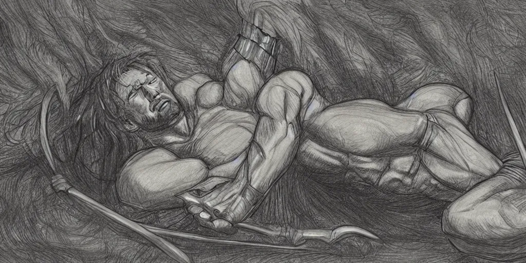 Prompt: beowulf resting in peace, drawing by david rubin