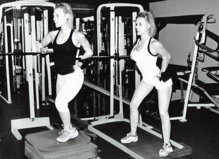 Prompt: Photos from the 80's. A woman is working out in the gym.