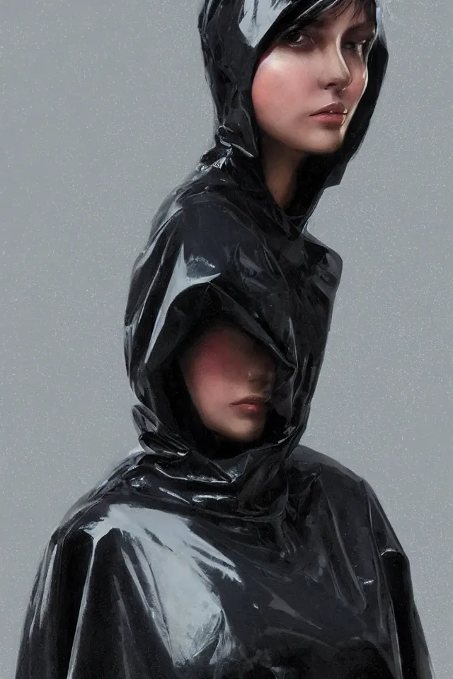 Image similar to realistic render, digital fashion, beautiful woman in tactical poncho latex, techwear, iridiscent rim light, high key, ultra detailed, hyperdetailed, dark backdrop, trending on artstation, phil hale