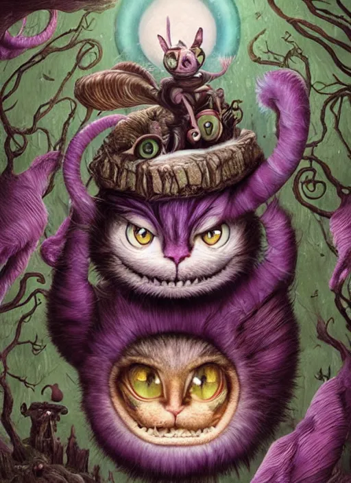 Image similar to cheshire cat strength tarot card, highly detailed, cinematic, 8 k, bymegan duncanson, benjamin lacombe, naoto hattori, adrian borda, giger, trending on deviantart, hyper detailed, horror, full of colour