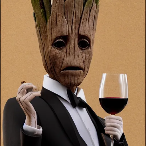 Image similar to realistic groot as a gentleman wearing tuxedo drinking wine, 1 0 0 mm, trending on artstation, behance, photorealistic, movie shot, studio lighting, 8 k