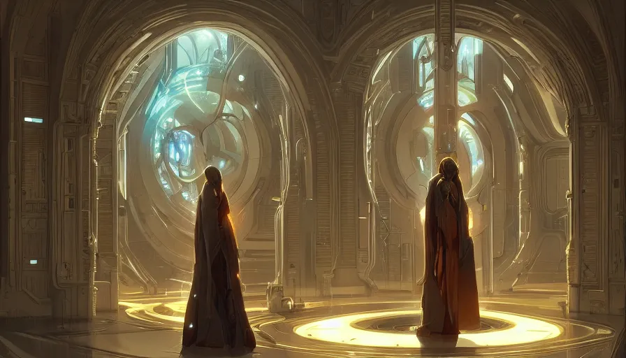 Prompt: a religious scifi room with a floating platform in the center, symmetrical shot, center framing, elegant, cinematic shot, intricate digital painting artstation concept art smooth sharp focus illustration, art by artgerm and greg rutkowski and alphonse mucha