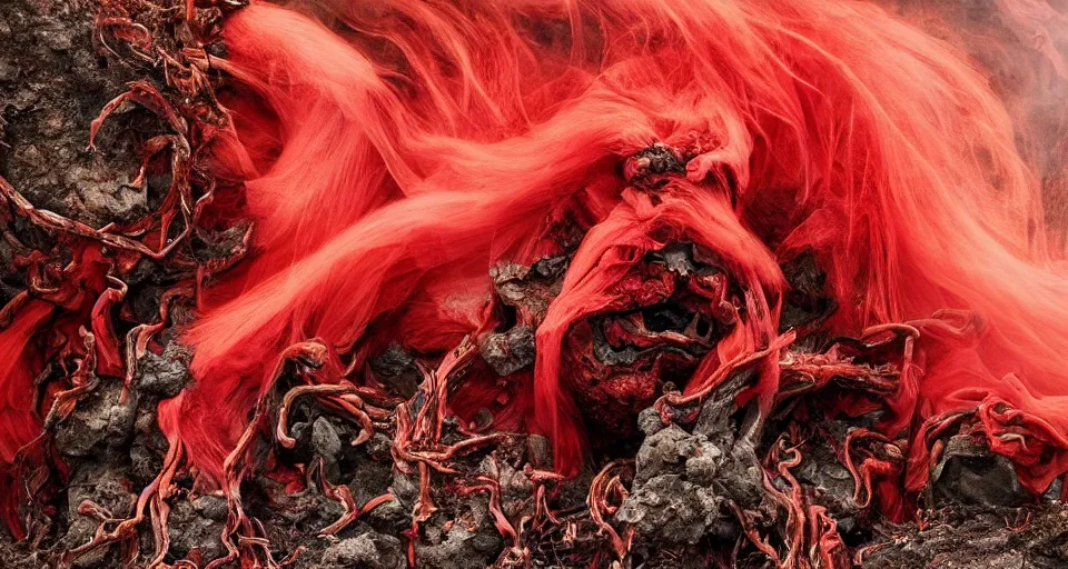 Prompt: a volcano made of ivory vines and crimson rocks enters in eruption, it spits a smoke in the shape of demonic eye, by Kirsty Mitchell