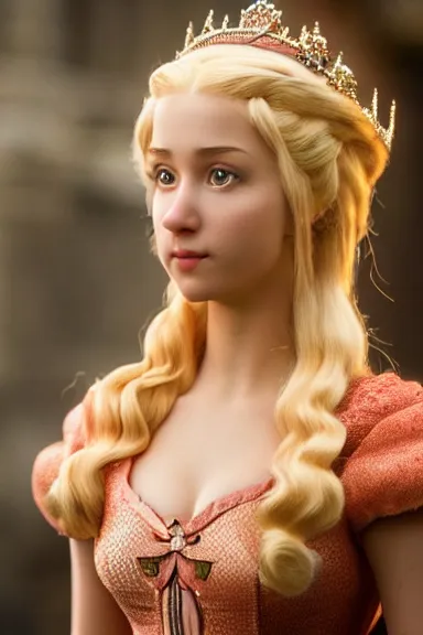 Image similar to very very intricate photorealistic photo of a realistic human version of princess peach in an episode of game of thrones, photo is in focus with detailed atmospheric lighting, award - winning details