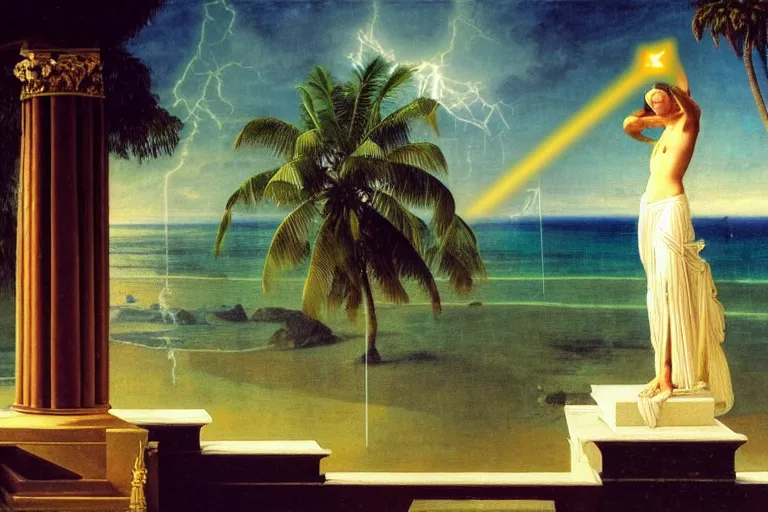 Image similar to The High Priestess on front of balustrade and palace columns, refracted lightnings on the ocean, thunderstorm, tarot cards characters, beach and Tropical vegetation on the background major arcana sky and occult symbols, by paul delaroche, hyperrealistic 4k uhd, award-winning, very detailed paradise