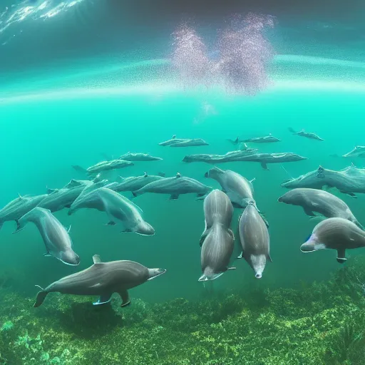 Image similar to underwater ocean, twelve dolphins, cosmos, school of dolphins, family, swimming to surface, calm, photograph, realistic, peaceful, light rays, beautiful, majestic, dapple, camera angle from below, distance,