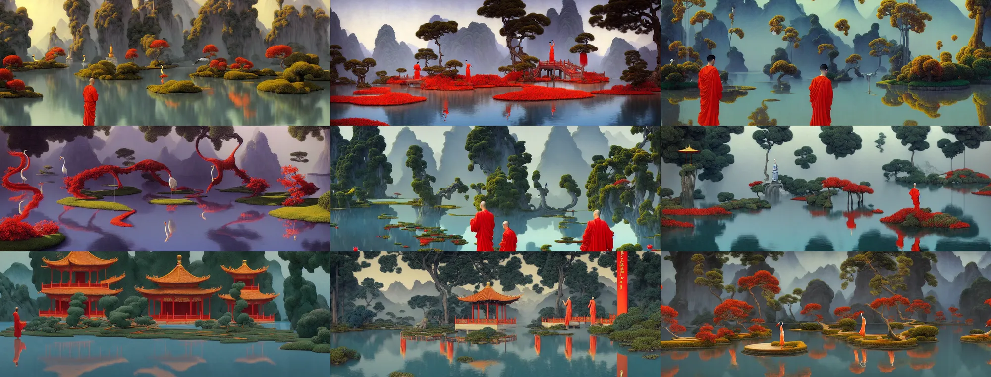 Image similar to a gorgeous landscape painting by barlowe wayne maxfield parrish and marco mazzoni. chinese temple. a lonely chinese monk in grey blue long gown walks on the winding steps. three red crowned cranes splashing in the water!! ultra clear detailed. 3 d, octane render. turbulent blood lake. fog