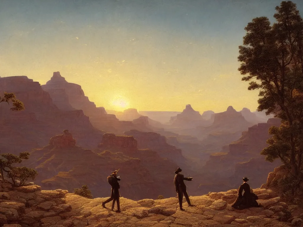 Image similar to romantic painting, wide shot of a lone gentleman in 1 9 th century clothing ( looking at his cellphone )!!!!!! in front of a the grand canyon at sunrise, highly detailed, sublime, hyperrealistic, painted by caspar david friedrich and albert bierstadt, trending on artstation 8 k